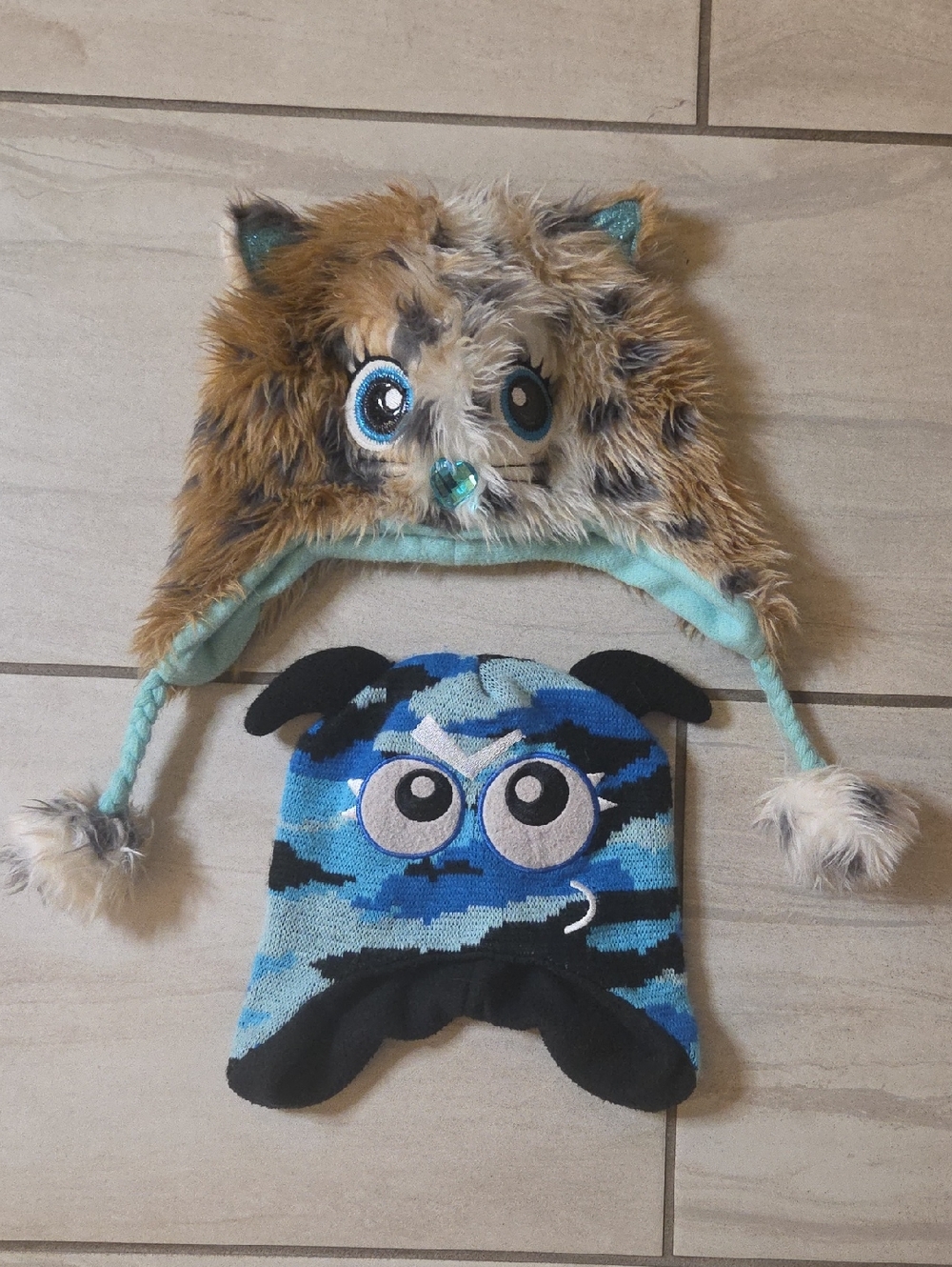 Cute Faux Fur Cat Hat & Blue Camo Monster Beanie Set Size Up To Age 6-7